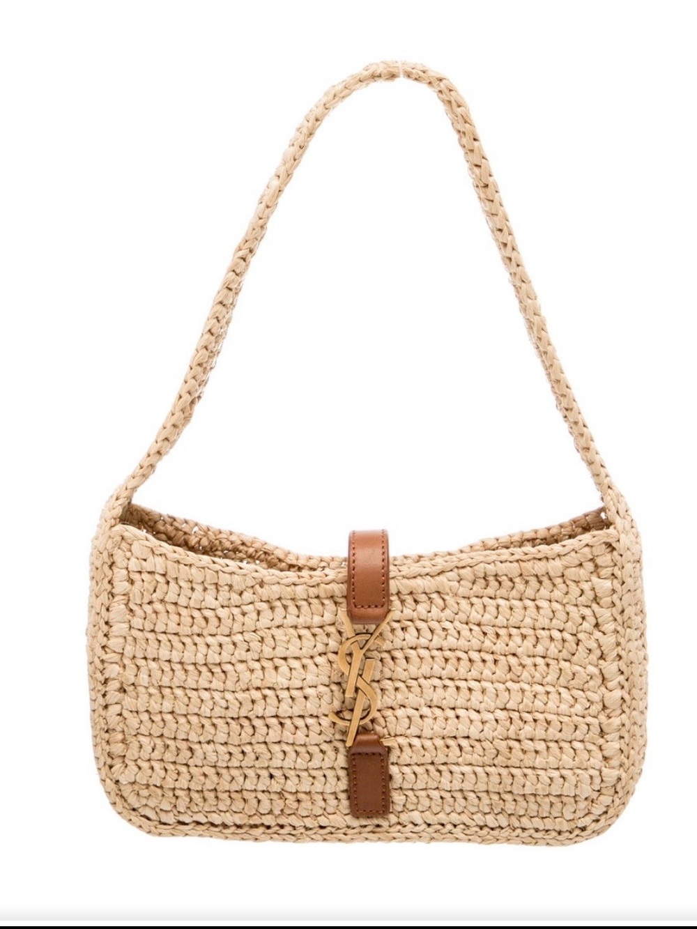 Saint Laurent Raffia Shoulder Bag in Natural with Brown Trim and Gold Logo
